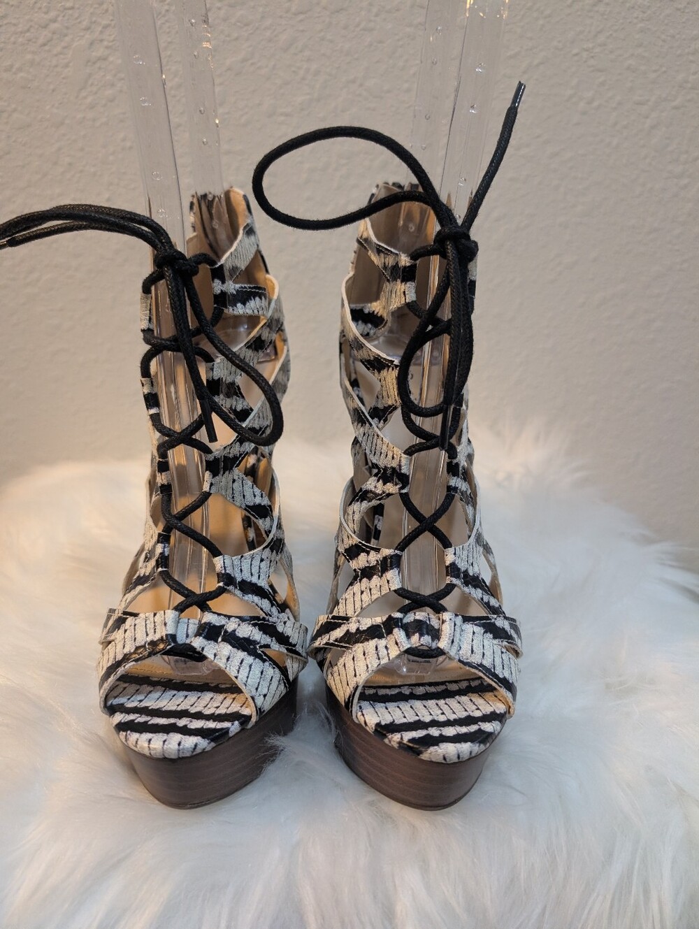 Lace-Up Strappy Platform Heels in Black and White